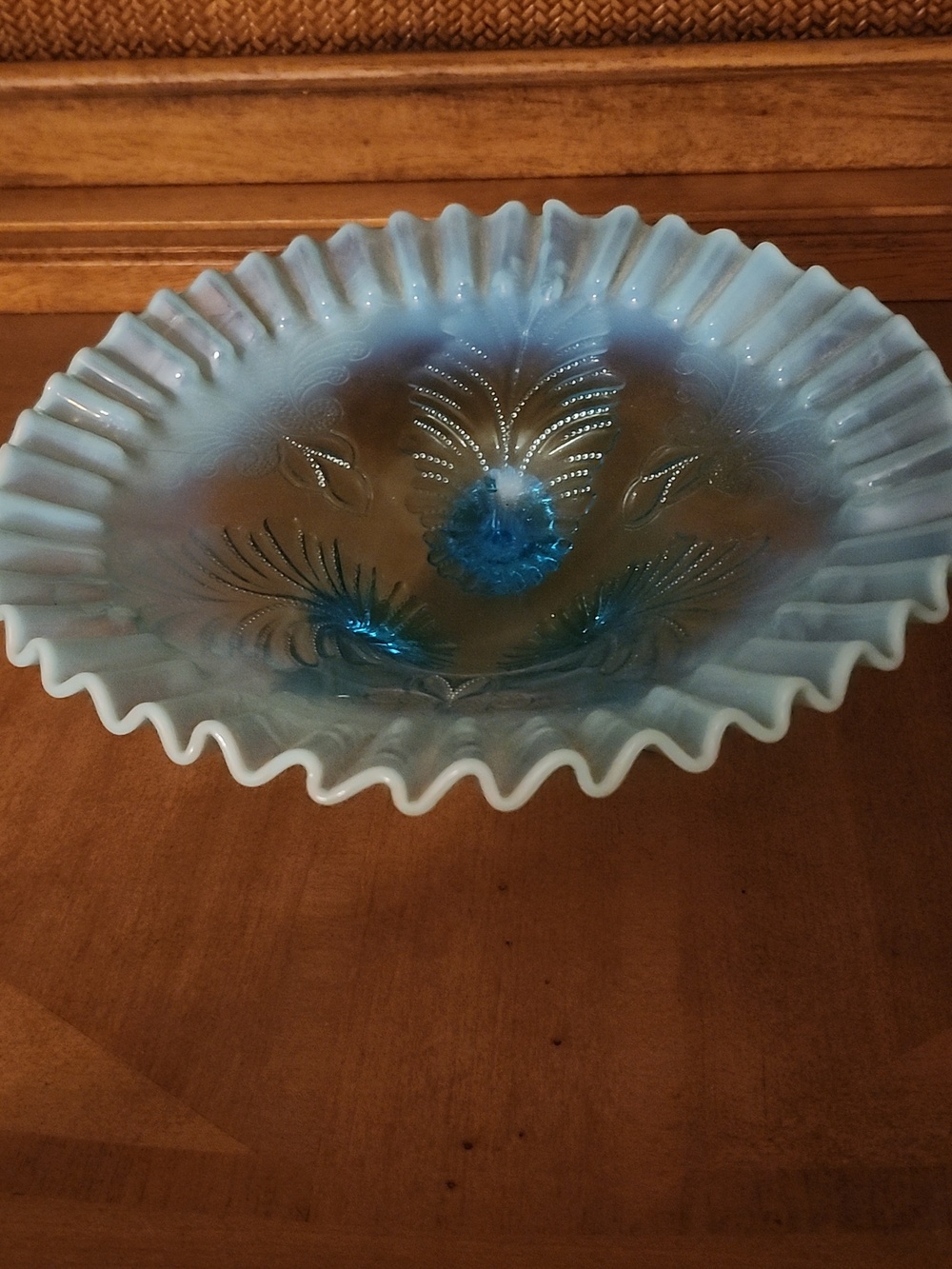 Antique Northwood Blue Opalescent Feather and Mum Footed Bowl - Picture 4 of 5